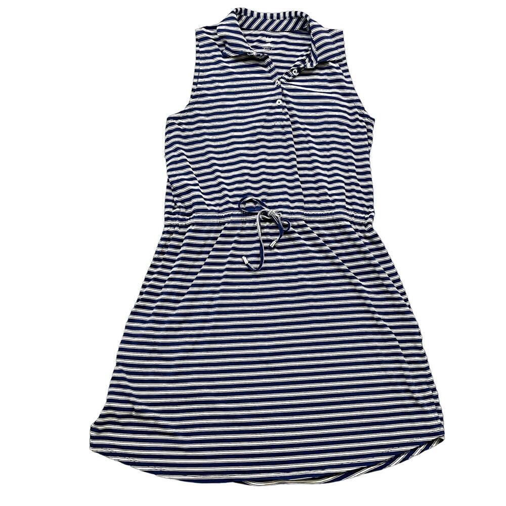 Rafaella Blue‎ & Yellow Stripped Sleeveless Adjustable Tie Waist Dress Woman's L